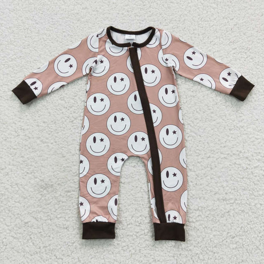 LR0332 Smiley Brown Zip Long Sleeve Bodysuit