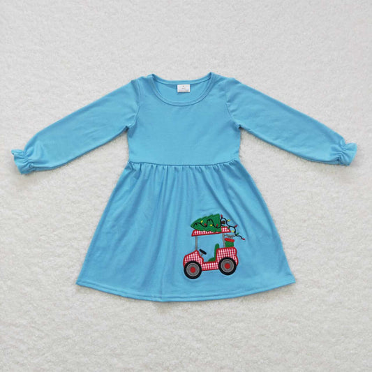 GLD0391 Embroidery Christmas tree sightseeing car light blue long-sleeved dress
