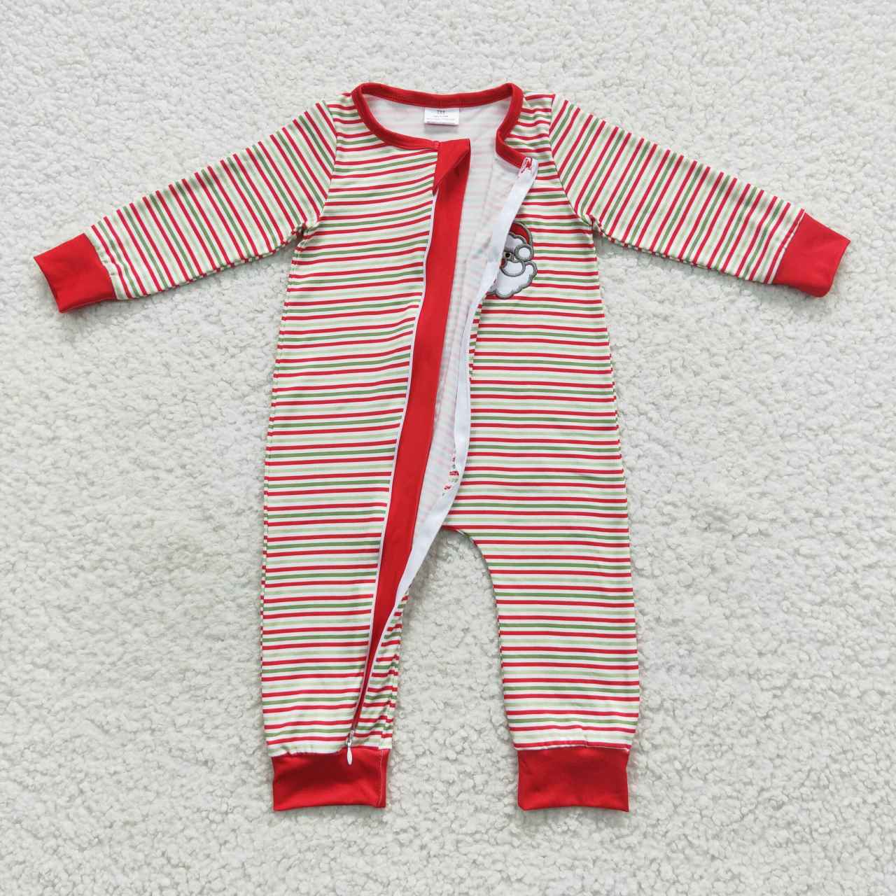 LR0442 Embroidered Santa Red and Green Stripe Zip Long Sleeve Bodysuit