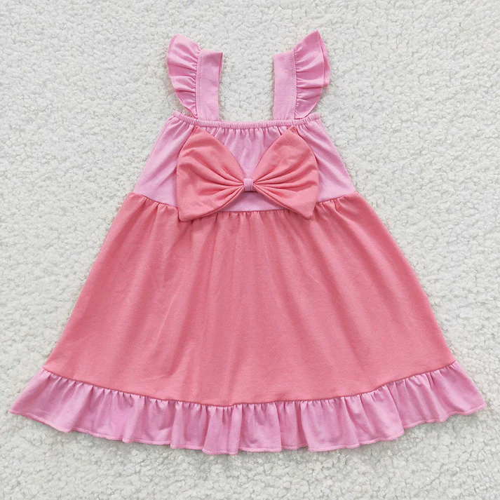 RTS NO MOQ Baby Girls Cartoon Sibling Bow Summer Knee Length Dresses