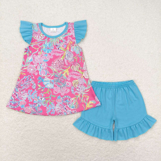 RTS  GT0564Seaweed Shell Blue Flying Sleeve Rose Red Top sets