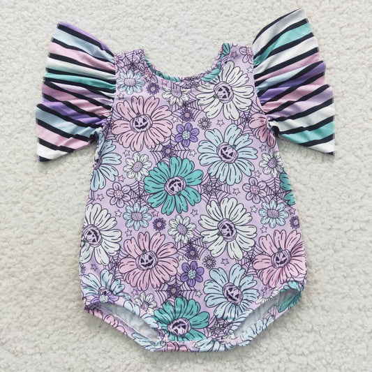 SR0431 Floral Pumpkin Purple Stripe Lace Short Sleeve Bodysuit