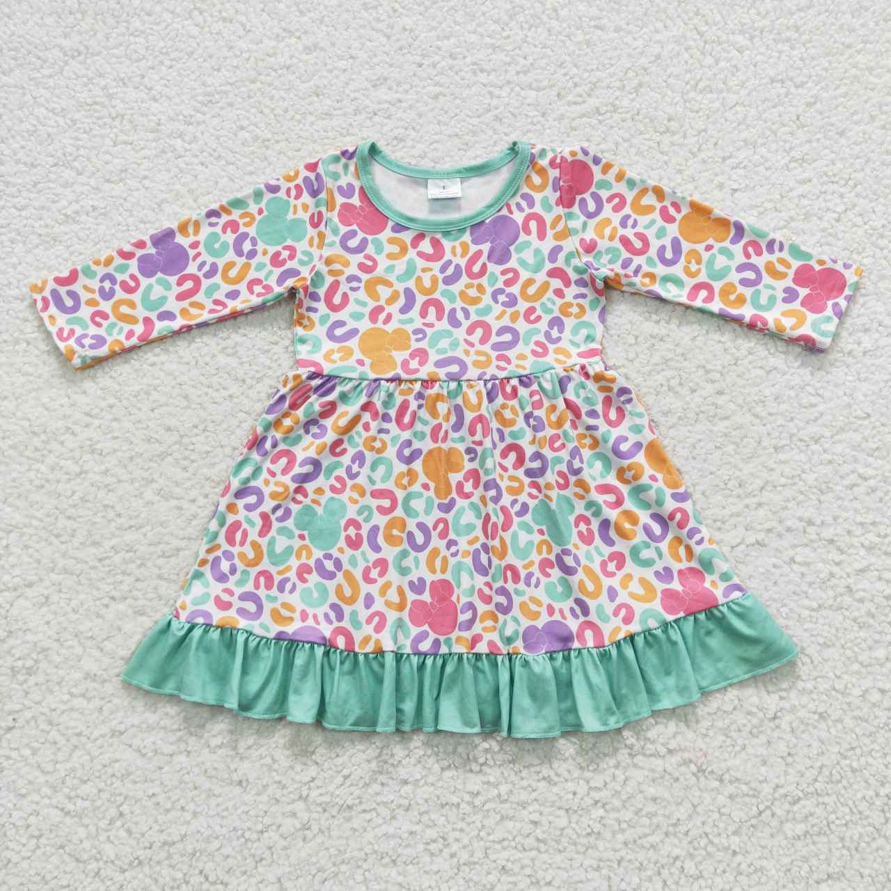 GLD0283 Cartoon Mickey Leopard Green Lace Long Sleeve Dress