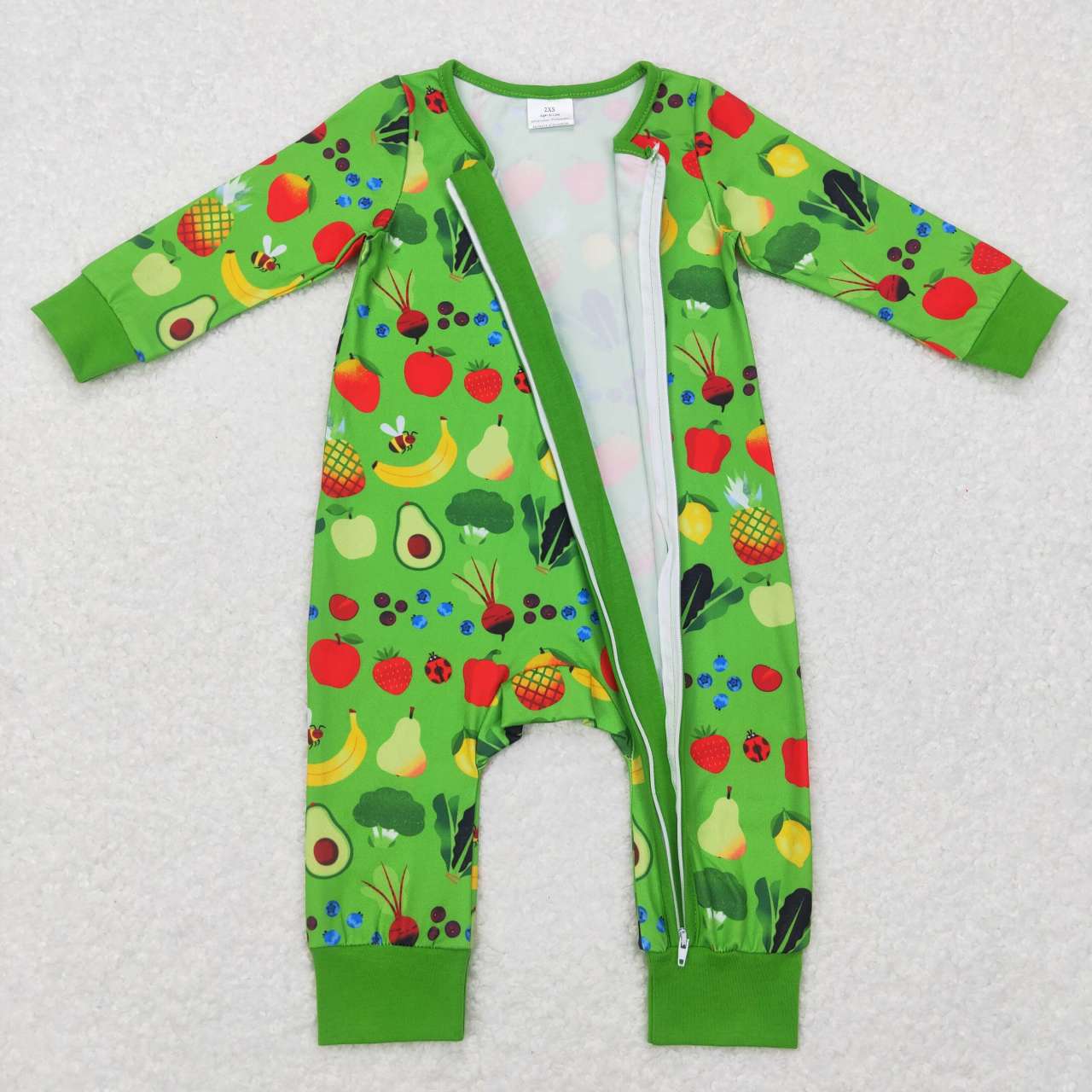 LR0781 Green zippered long-sleeved jumpsuit with vegetable and fruit patterns