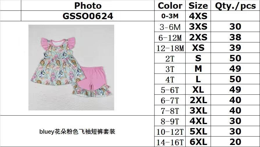 GSSO0624 bluey flower pink flying sleeve shorts suit