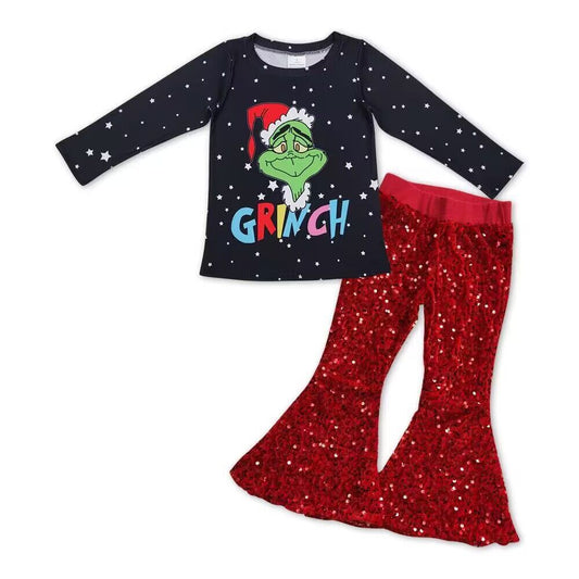 GT0329 grinch letter star black long sleeve top+B4-11 Red sequin flared pants