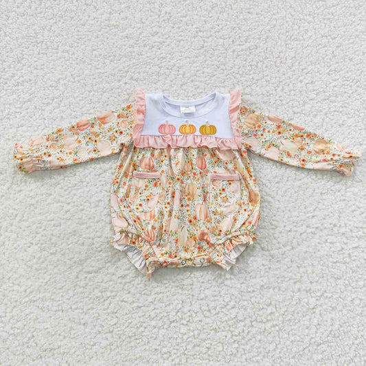 LR0450 Embroidered Three Pumpkin Flowers Lace Pocket Long Sleeve Bodysuit