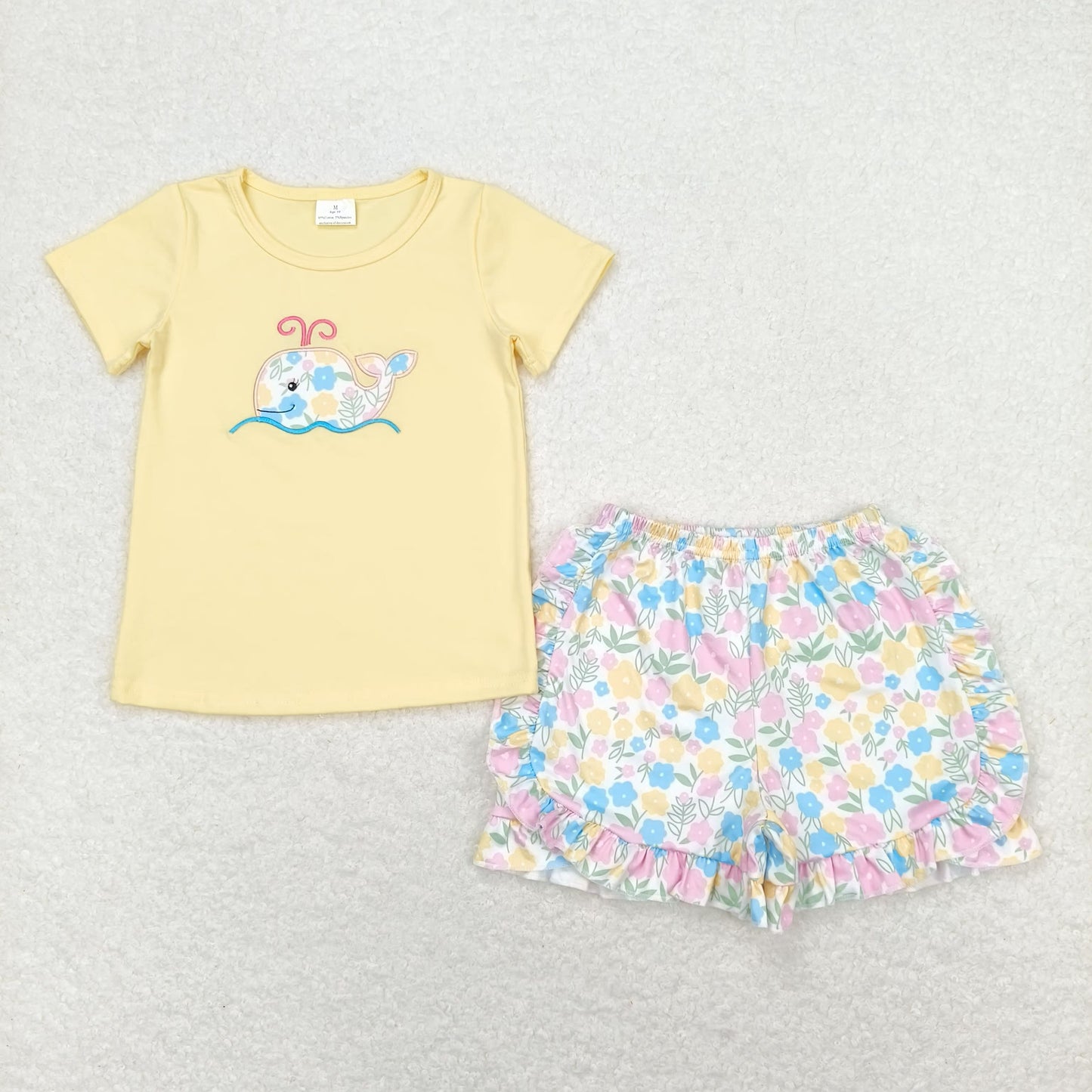 GSSO0765 Embroidered flower whale yellow short-sleeved shorts set