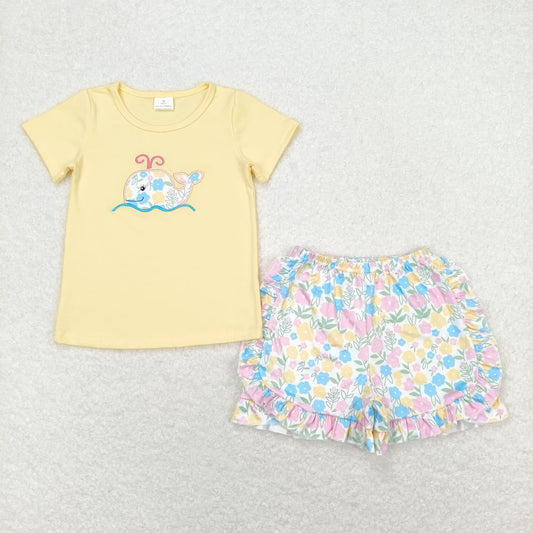 GSSO0765 Embroidered flower whale yellow short-sleeved shorts set