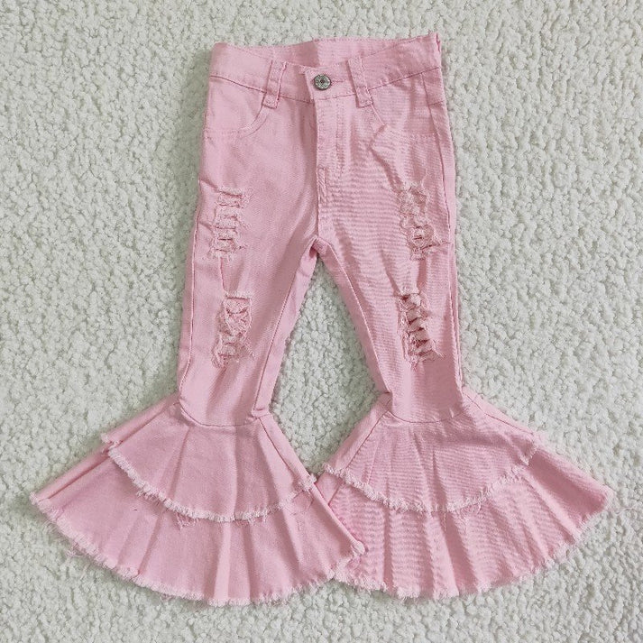 RTS NO MOQ Denim pants Baby Girls Pink Colors Valentines Denim Bell Pants Jeans