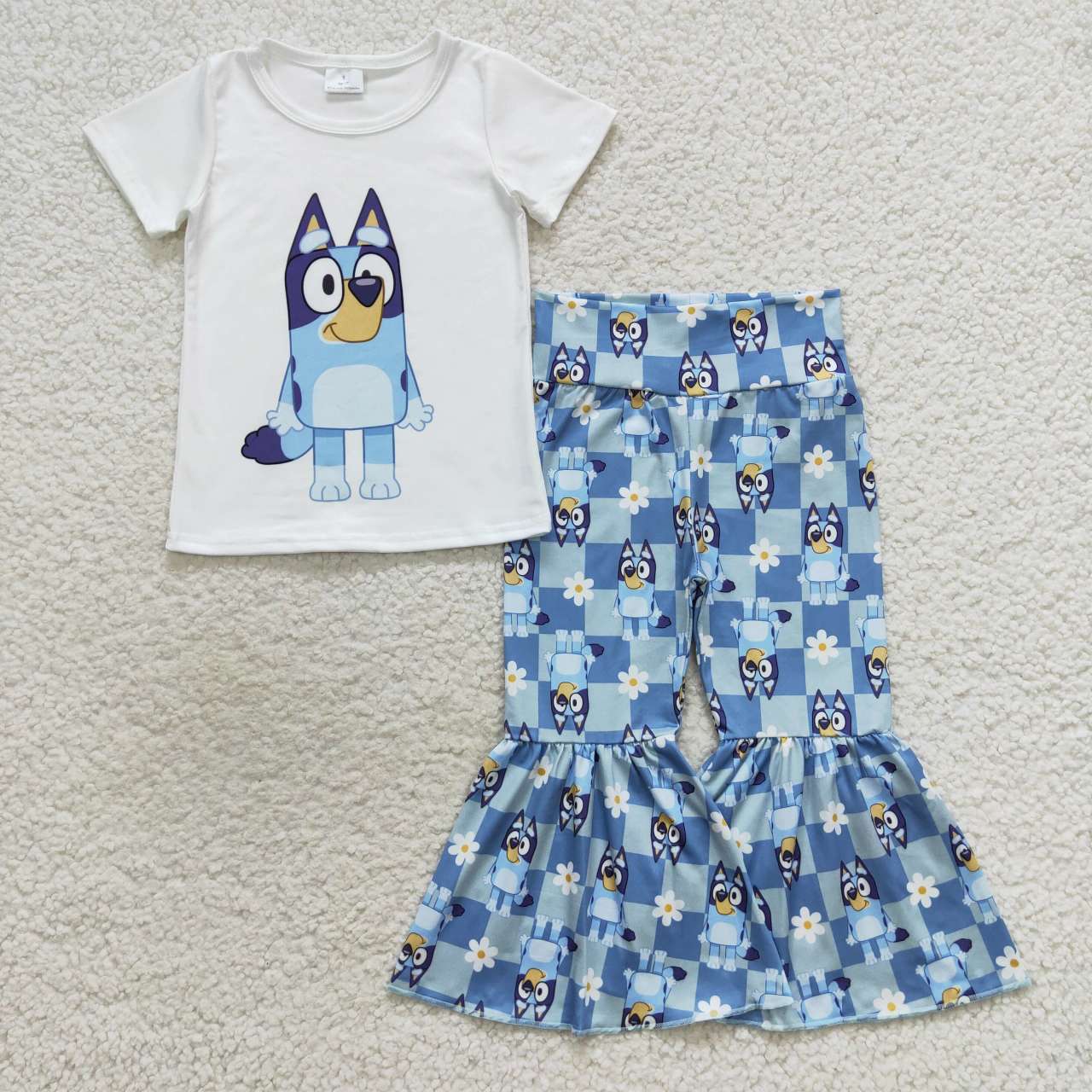 GSPO0861 Cartoon dog white short-sleeved floral blue plaid trousers suit