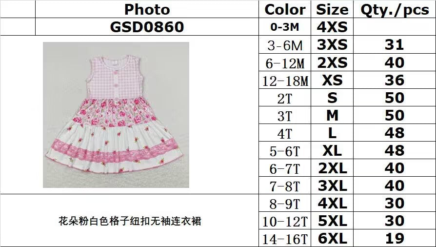 GSD0860 Floral pink and white plaid button sleeveless dress