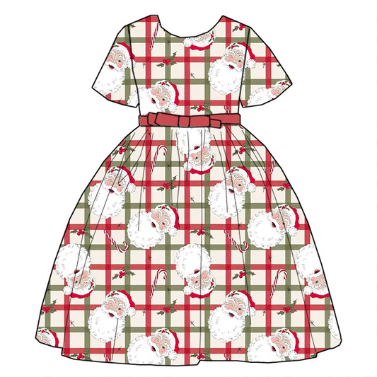 Custom moq 3 eta 7/8week moq 5 eta /4/5week Santa Claus pattern red and green plaid short-sleeved dress (with belt)