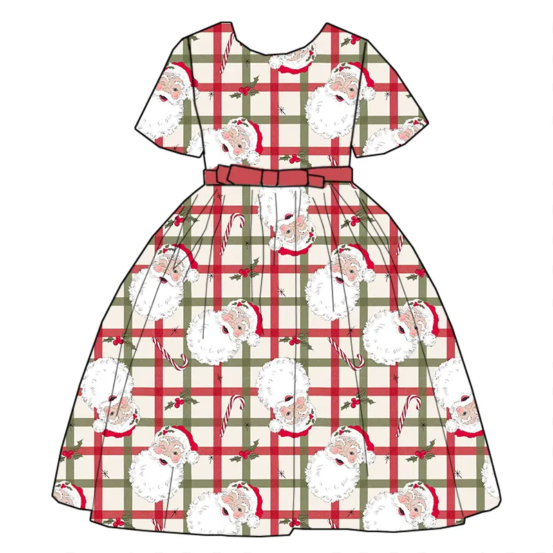 Custom moq 3 eta 7/8week moq 5 eta /4/5week Santa Claus pattern red and green plaid short-sleeved princess dress (with belt)