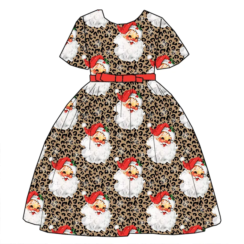 Custom moq 3 eta 7/8week moq 5 eta /4/5week Santa Claus Leopard Print Short Sleeve Princess Dress (With Belt)