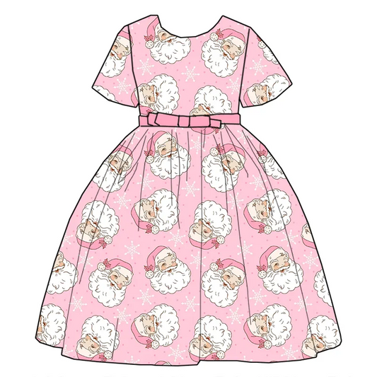 Custom moq 3 eta 7/8week moq 5 eta /4/5week Pink short-sleeved dress with Santa Claus pattern (with belt)