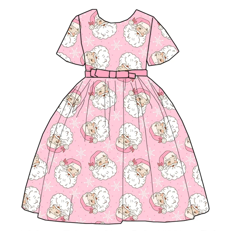 Custom moq 3 eta 7/8week moq 5 eta /4/5week Pink short-sleeved princess dress with Santa Claus pattern (with belt)