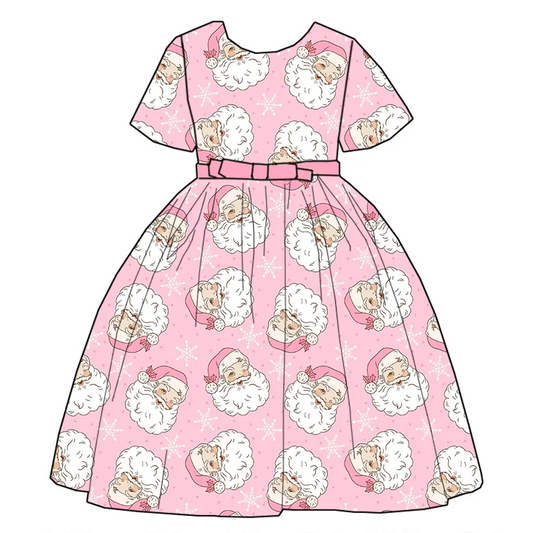 Custom moq 3 eta 7/8week moq 5 eta /4/5week Pink short-sleeved princess dress with Santa Claus pattern (with belt)