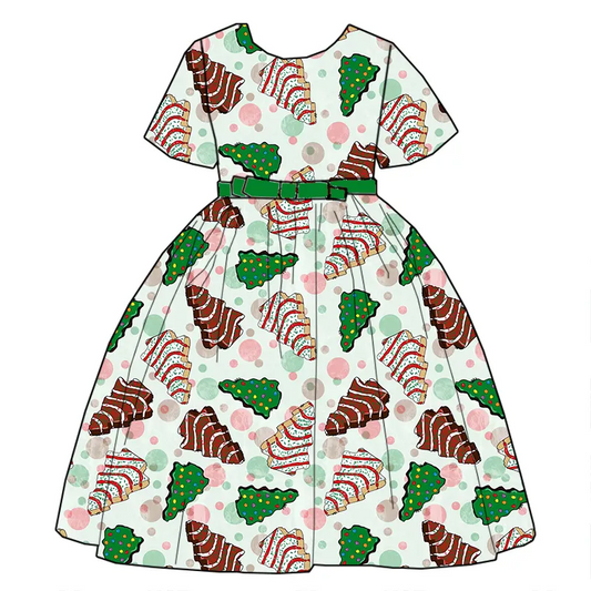 Custom moq 3 eta 7/8week moq 5 eta /4/5week Wooden striped polka dot Christmas tree pattern light green short-sleeved dress (with belt)