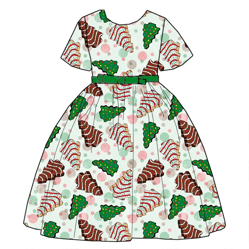 Custom moq 3 eta 7/8week moq 5 eta /4/5week Wooden striped polka dot Christmas tree pattern light green short-sleeved princess dress (with belt)