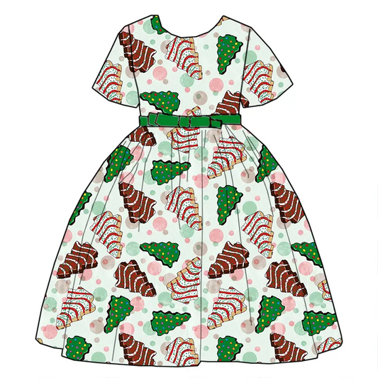 Custom moq 3 eta 7/8week moq 5 eta /4/5week Wooden striped polka dot Christmas tree pattern light green short-sleeved princess dress (with belt)