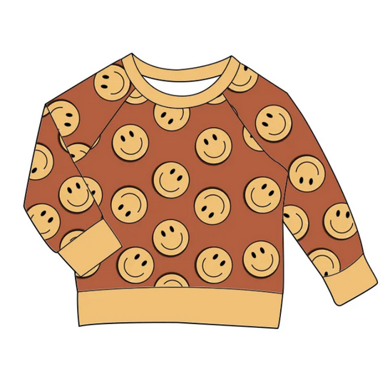 Custom moq 3 eta 7/8week moq 5 eta /4/5week Brown long-sleeved sweatshirt with yellow smiley face pattern