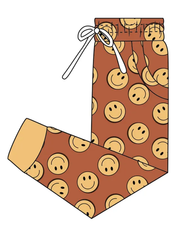 Custom moq 3 eta 7/8week moq 5 eta /4/5week Yellow smiley face pattern brown drawstring trousers