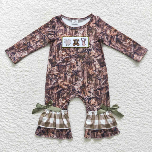 LR0526 Embroidered Turkey Boots Deer Leaf Plaid Lace Green Long Sleeve Jumpsuit