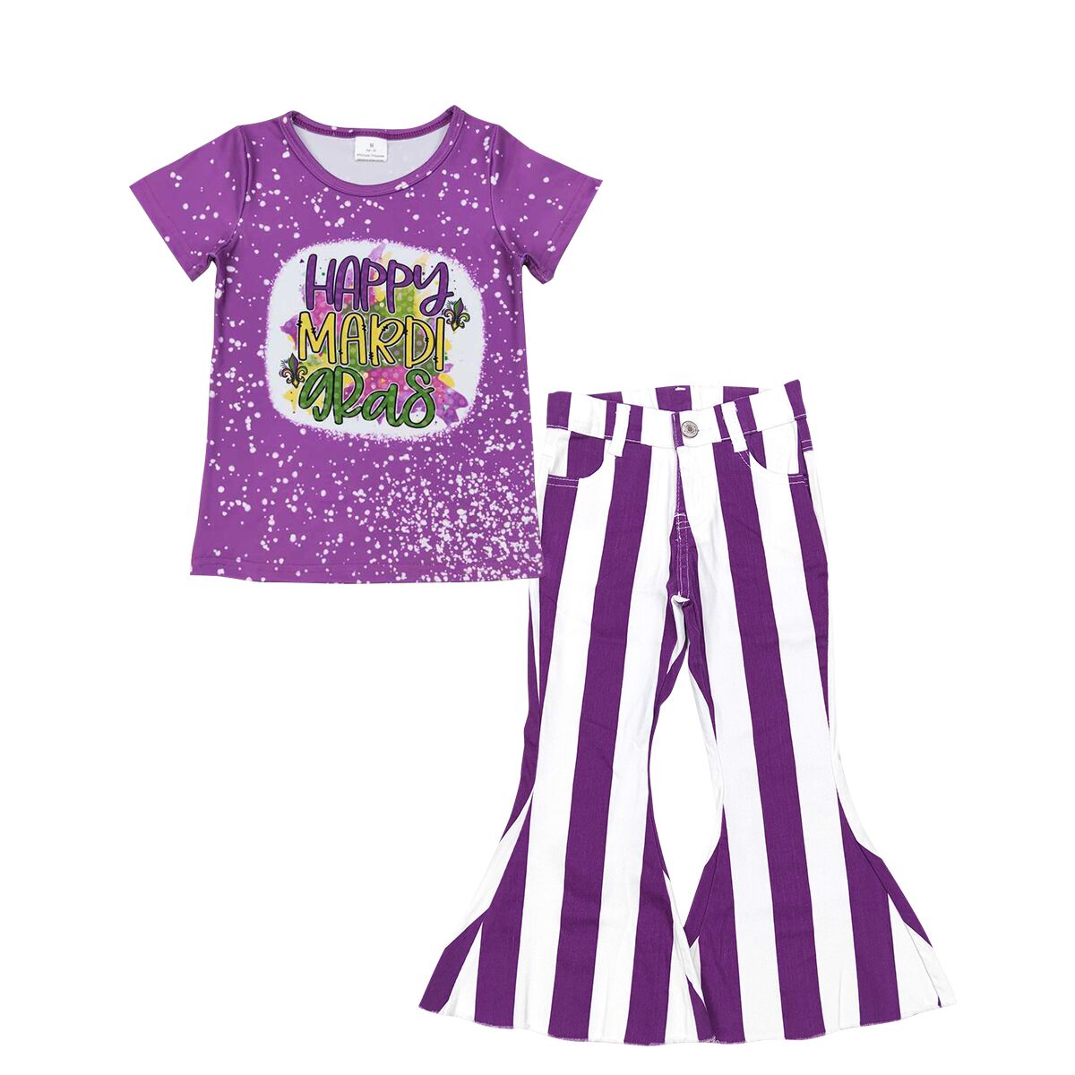 P0331 Purple and white striped denim trousers+GT0374 happy mardi gras letter purple short sleeve top