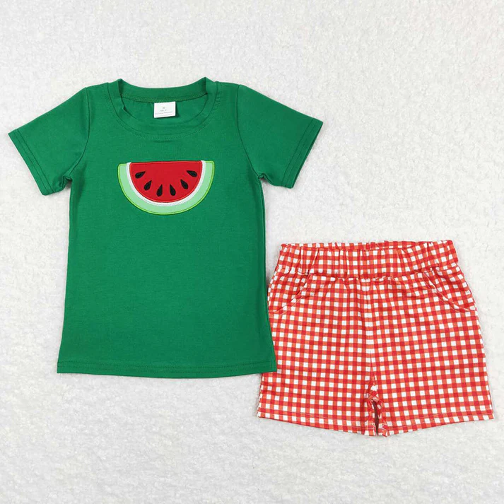 RTS Baby Boys Watermelon Sibling Summer Rompers Clothes Sets Watermelon embroidery