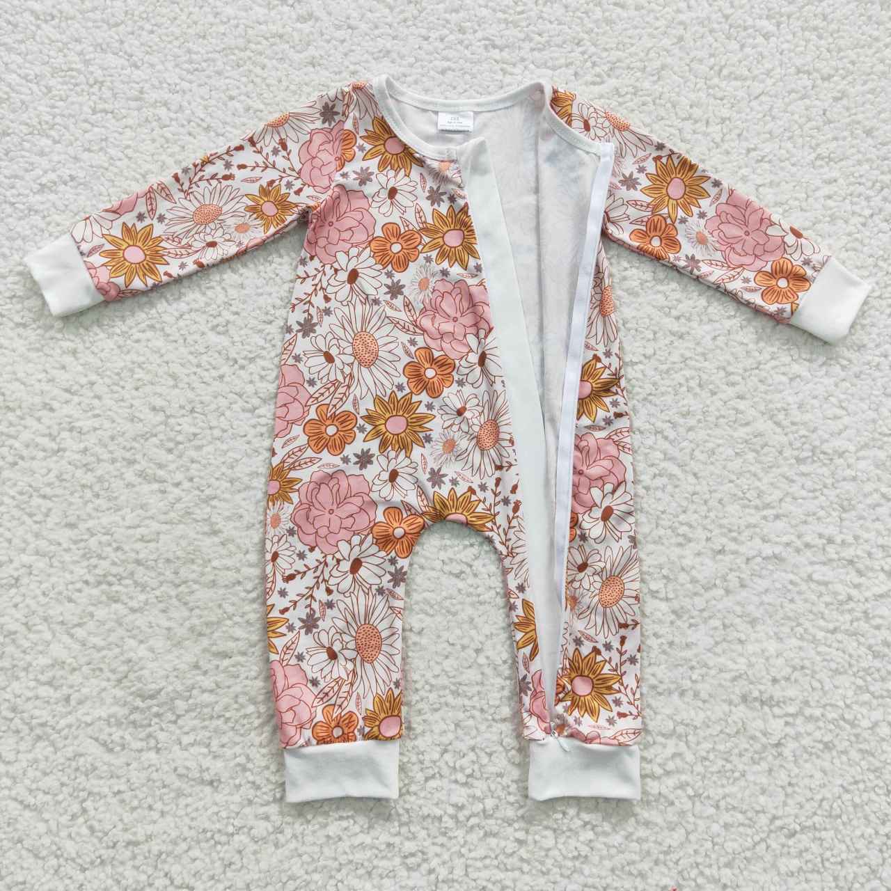 LR0460 Floral Off-White Zipper Long Sleeve Bodysuit