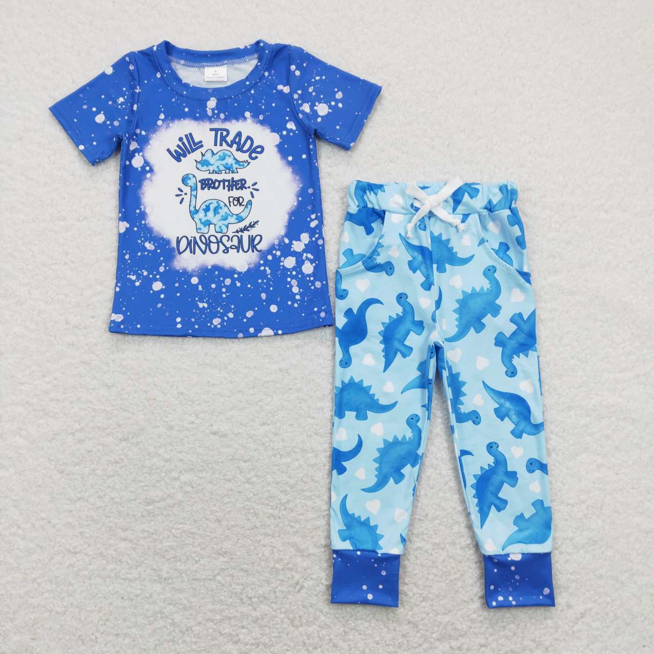 BSPO0277 Alphabet Dinosaur Love Blue Short Sleeve Pants Suit