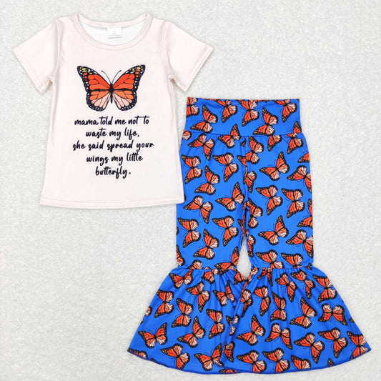 RTS NO MOQ（In Stock) Letter Butterfly Short Sleeve Blue Pants Suit