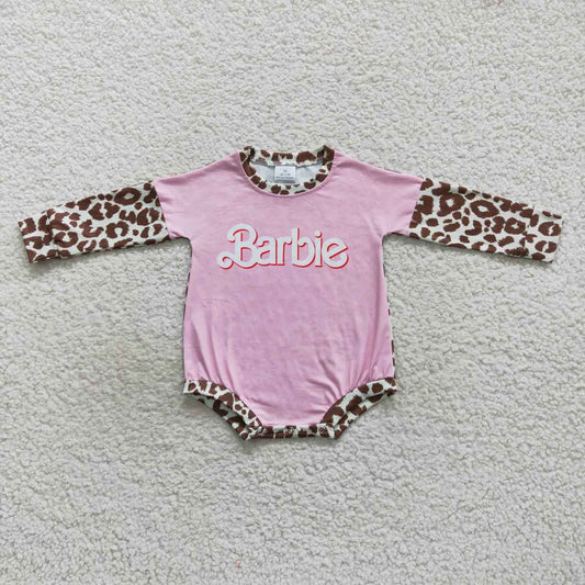 LR0575 barbie letter leopard print pink long sleeve jumpsuit