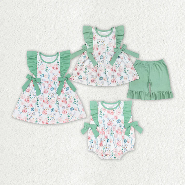 RTS NO MOQ Baby Girls Pink Flowers Sibling Summer Rompers Dresses Clothes Sets