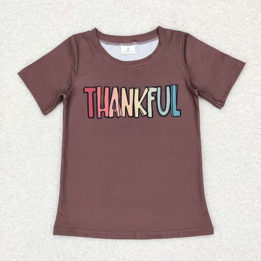 BT0327 brown short-sleeved top with letters of thankful