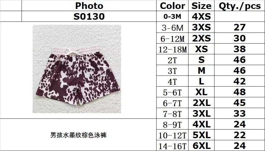 S0130 Boys Ink Pattern Brown Swim Trunks