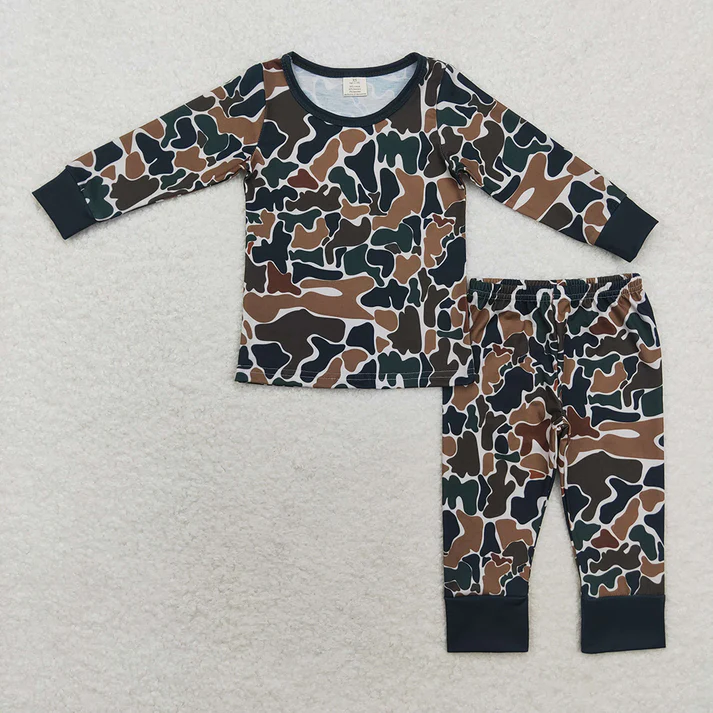 RTS NO MOQ Baby Boys Sibling Brown Camo Bamboo Rompers Pajamas Clothes Sets