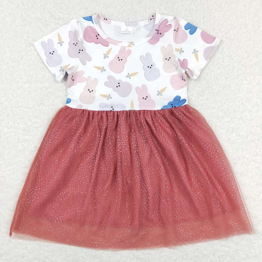 GSD0604 Rabbit Carrot Sequin Brick Red Gauze Short Sleeve Dress