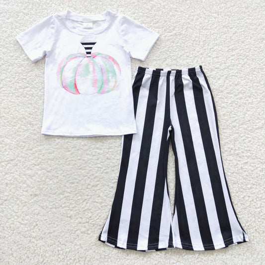 A7-5 Watercolor pumpkin black and white striped pants suit