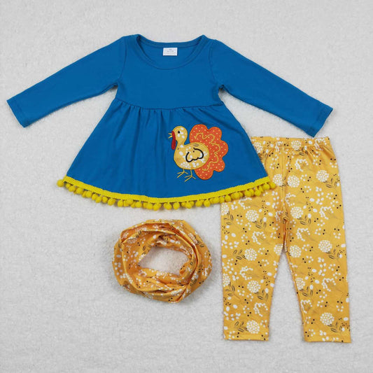 GLP0720 Embroidered Turkey Blue Long Sleeve Flower Yellow Pants Suit Three-piece Scarf Set