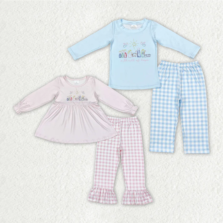 RTS NO MOQ Print  Baby Girls Christmas Nativity Sibling Brother Pants Clothes Sets