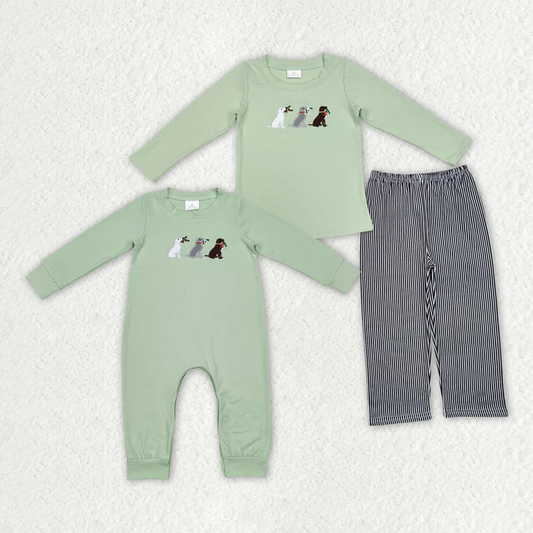 RTS NO MOQ Baby Boys Dogs embroidery Hunting Ducks Sibling Rompers Top Pants Clothes Sets