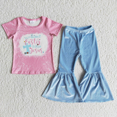 RTS NO MOQ ETA 5/7days Arrived E12-11 Baby Girls easter is for jesus velvet pants sets