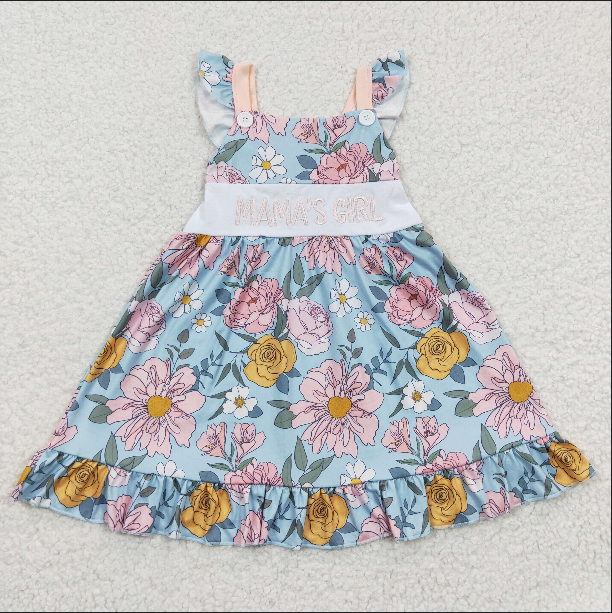 GSD0315 Embroidered Mamas Girl floral blue dress with flying sleeves