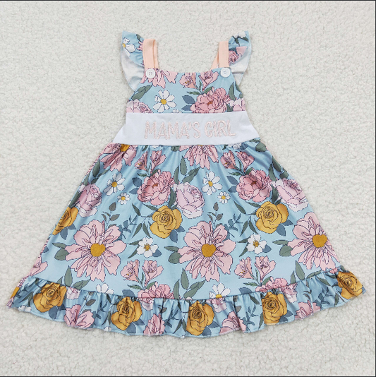 GSD0315 Embroidered Mamas Girl floral blue dress with flying sleeves