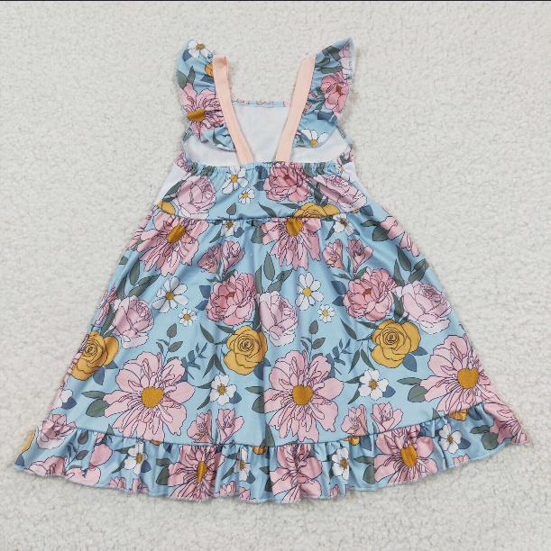 GSD0315 Embroidered Mamas Girl floral blue dress with flying sleeves