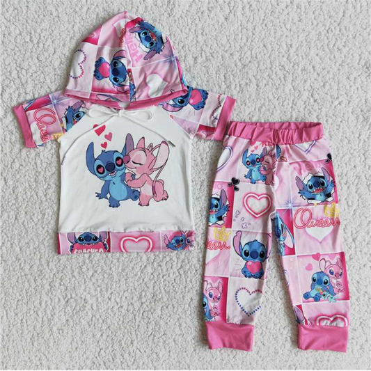 E8-26 Valentine's Day Stitch Hoodie Short Sleeve Trousers Set