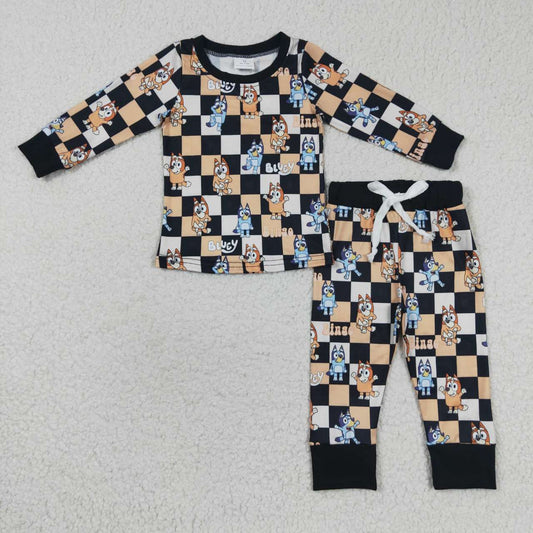 BLP0190 Boy Cartoon Blue Dog Orange Black Plaid Long Sleeve Trousers Suit