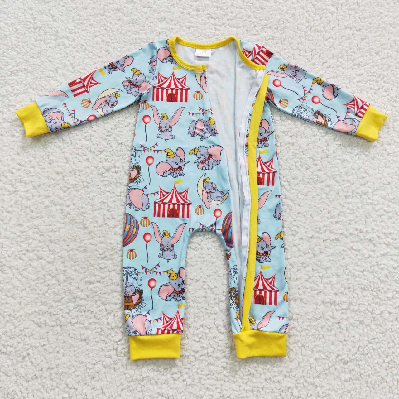 LR0346 Cartoon Hot Air Balloon Elephant Blue Yellow Zipper Long Sleeve Romper